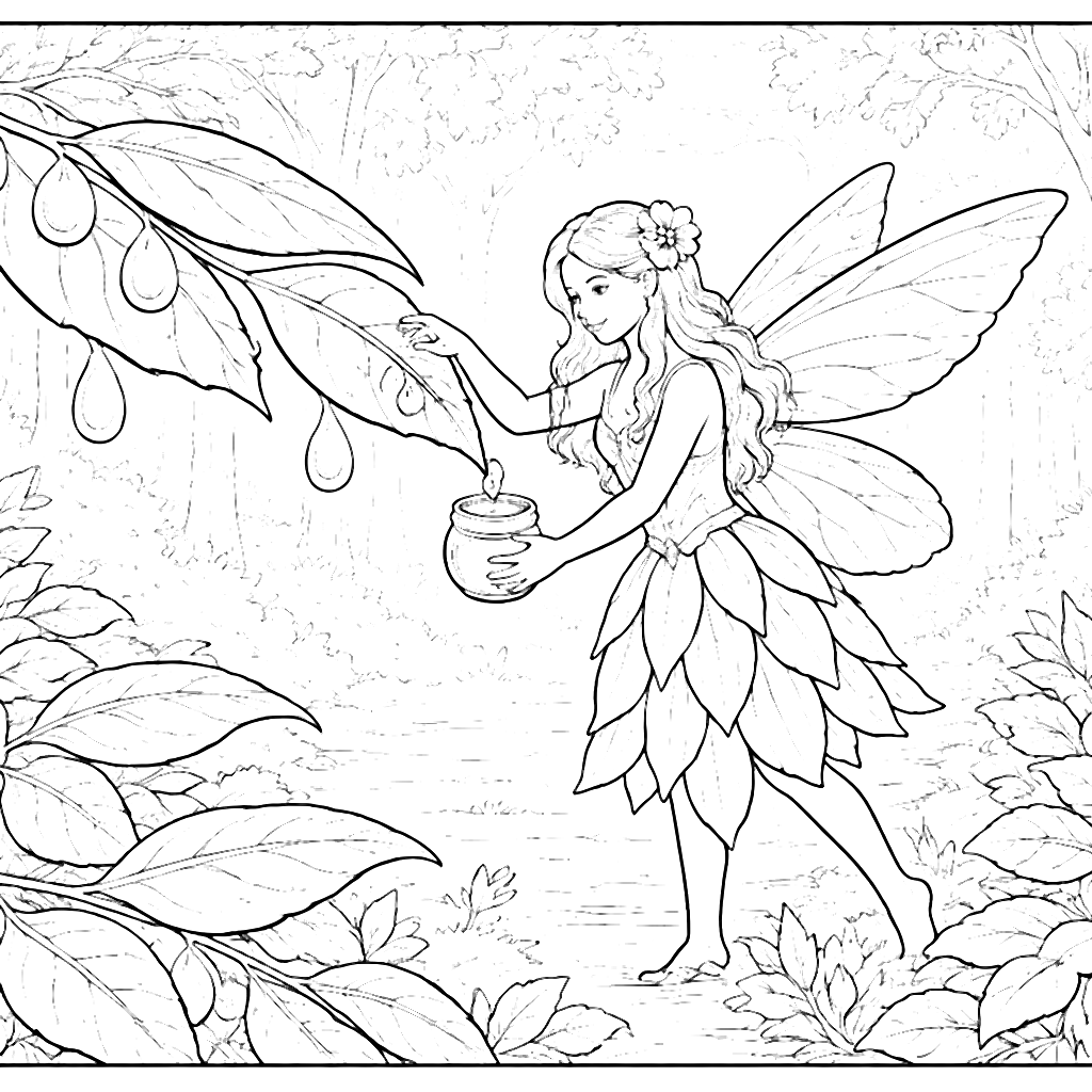 Enchanting Fairy Collecting Dew Drops Coloring Page – coloring page printable