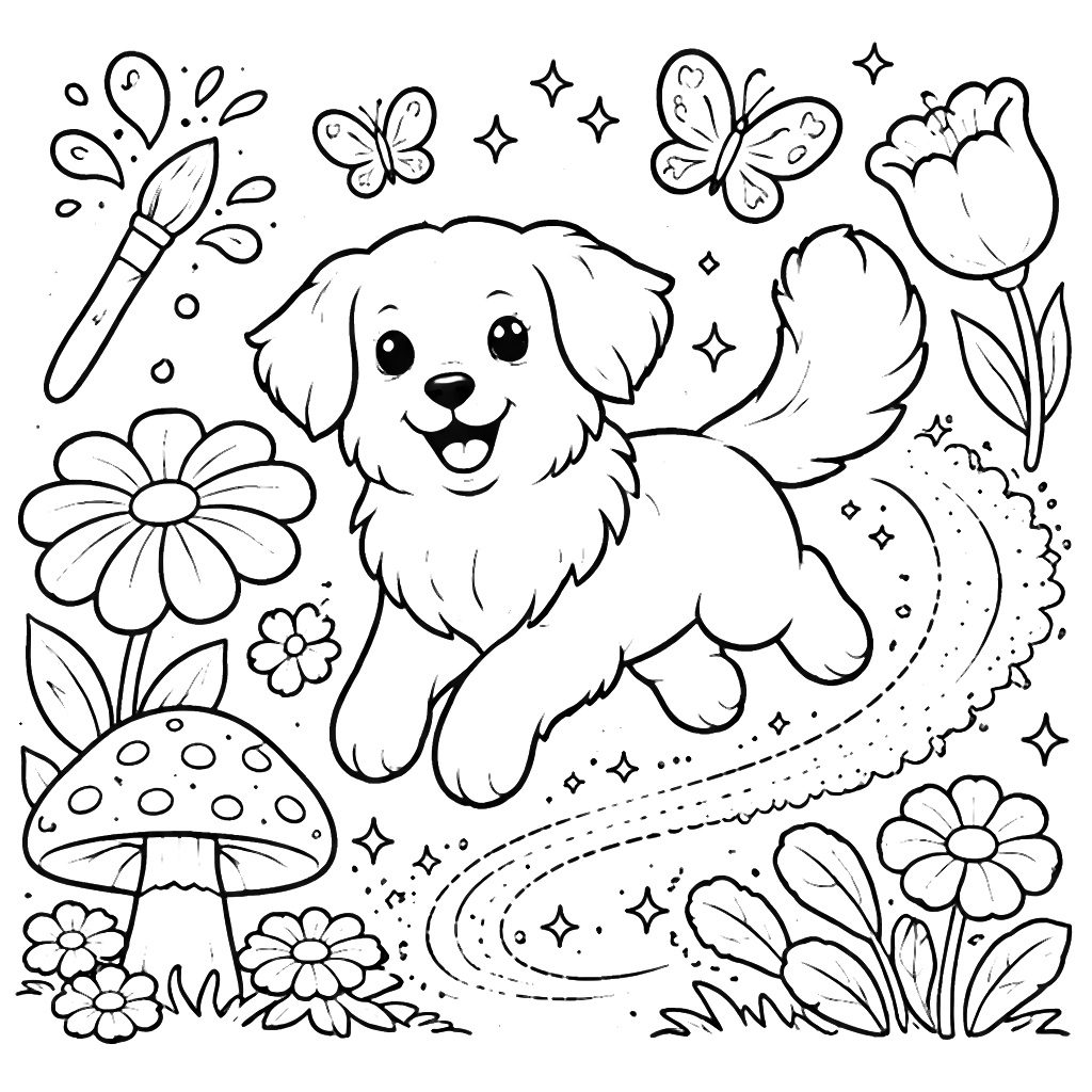 Enchanting Golden Retriever in a Magical Garden Coloring Page – coloring page printable
