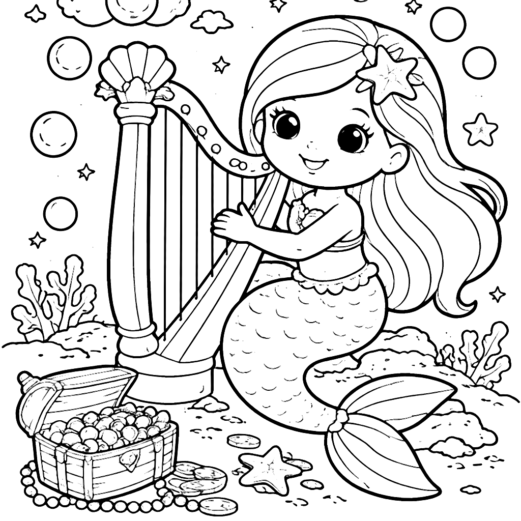Enchanting Mermaid Playing Harp Underwater - Coloring Page – coloring page printable