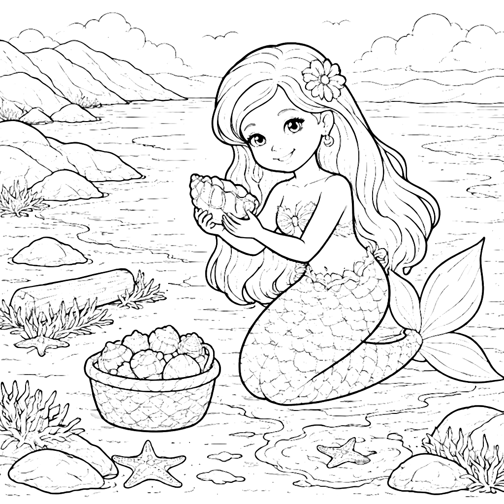 Enchanting Mermaids Gathering Seashells at Dawn – coloring page printable