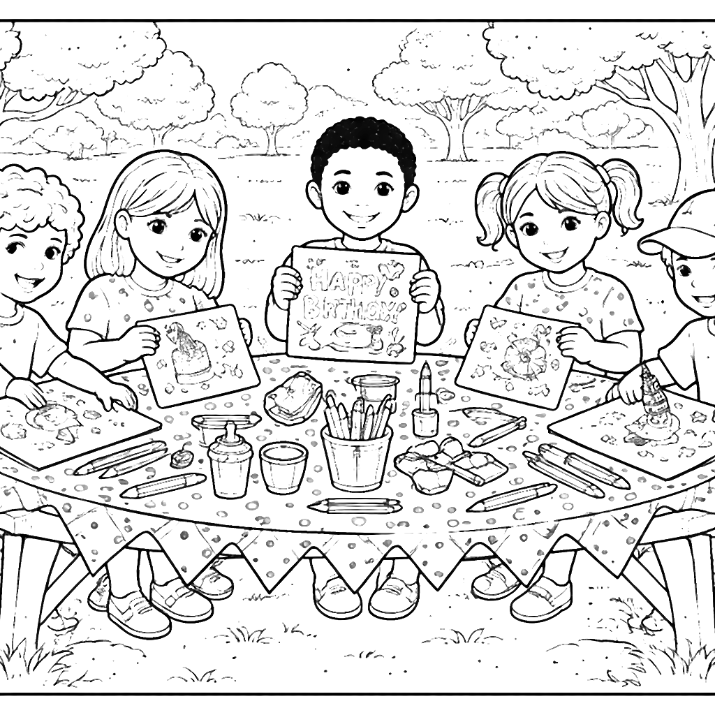Exciting Birthday Card Making in the Park Coloring Page – coloring page printable