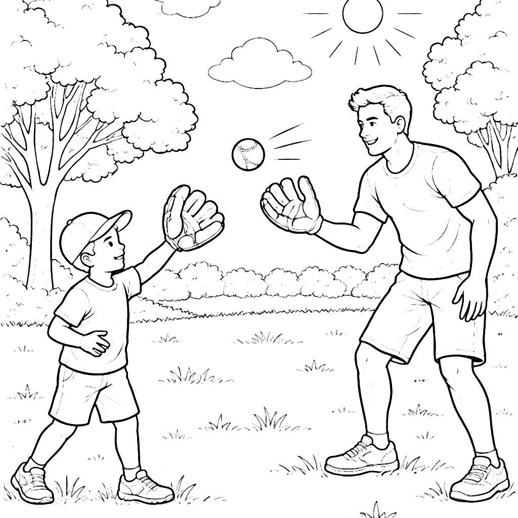 Father's Day Coloring Page: Play Catch in the Park – coloring page printable