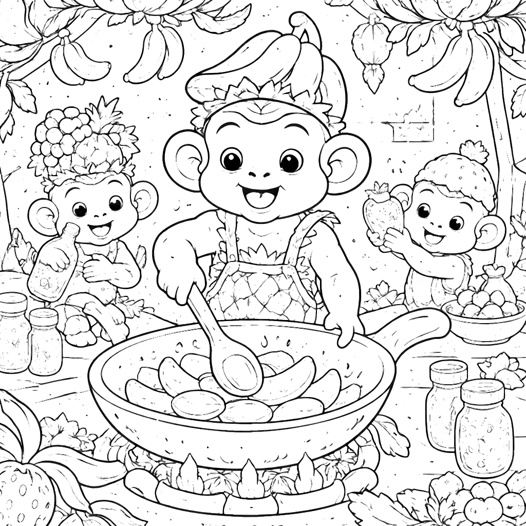 Fun Monkey Cooking Coloring Page for Kids