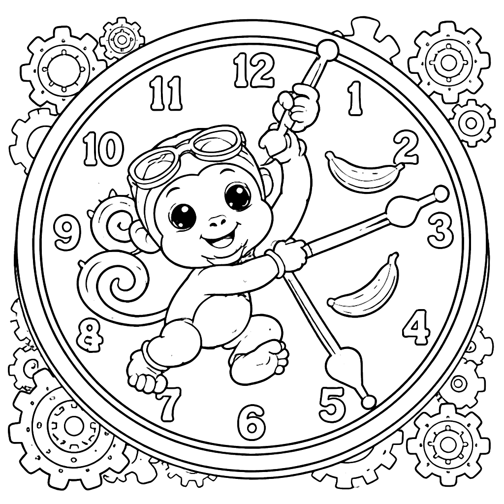 Fun Monkeys Coloring Page Inside a Whimsical Clock