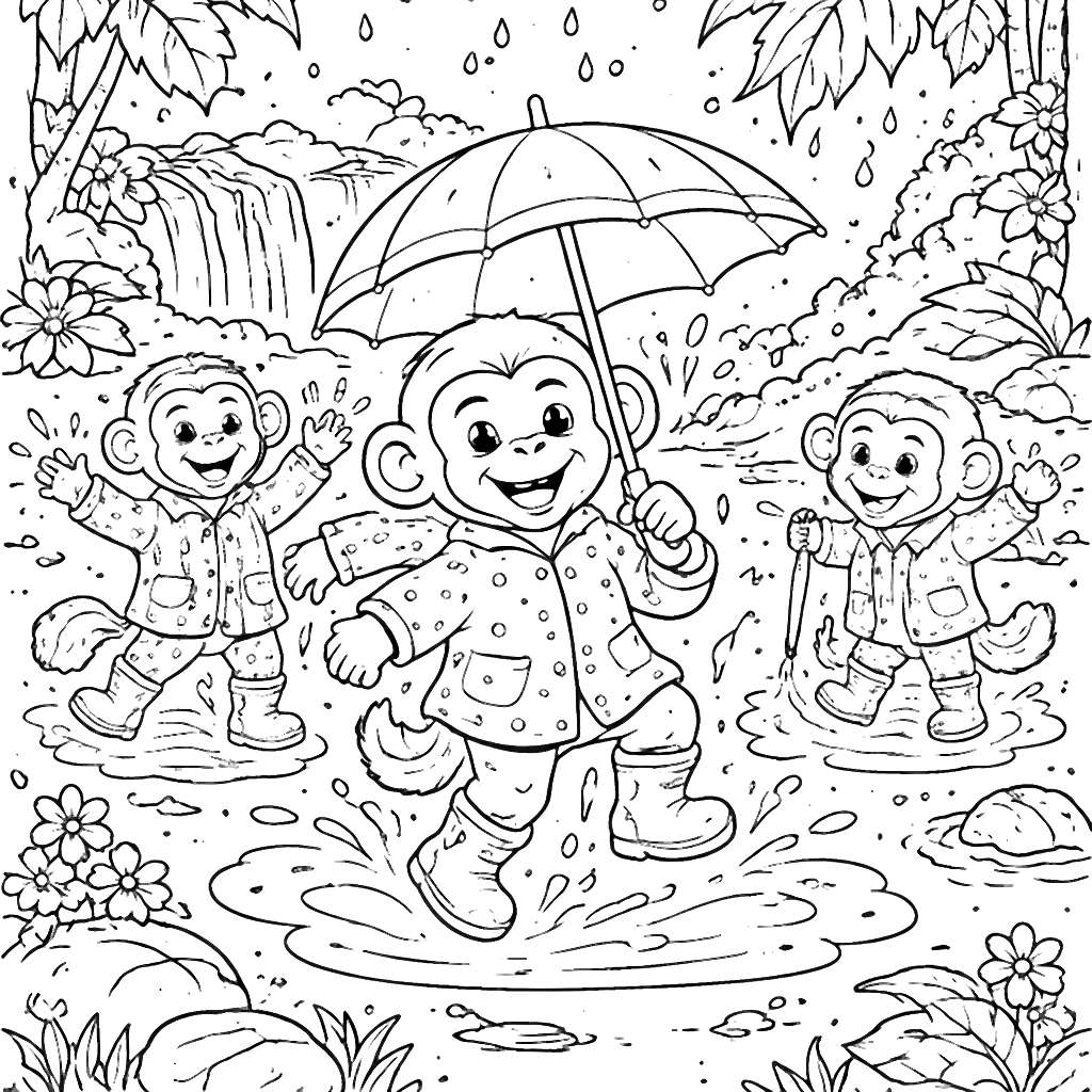 Fun Monkeys Splashing in Puddles Coloring Page