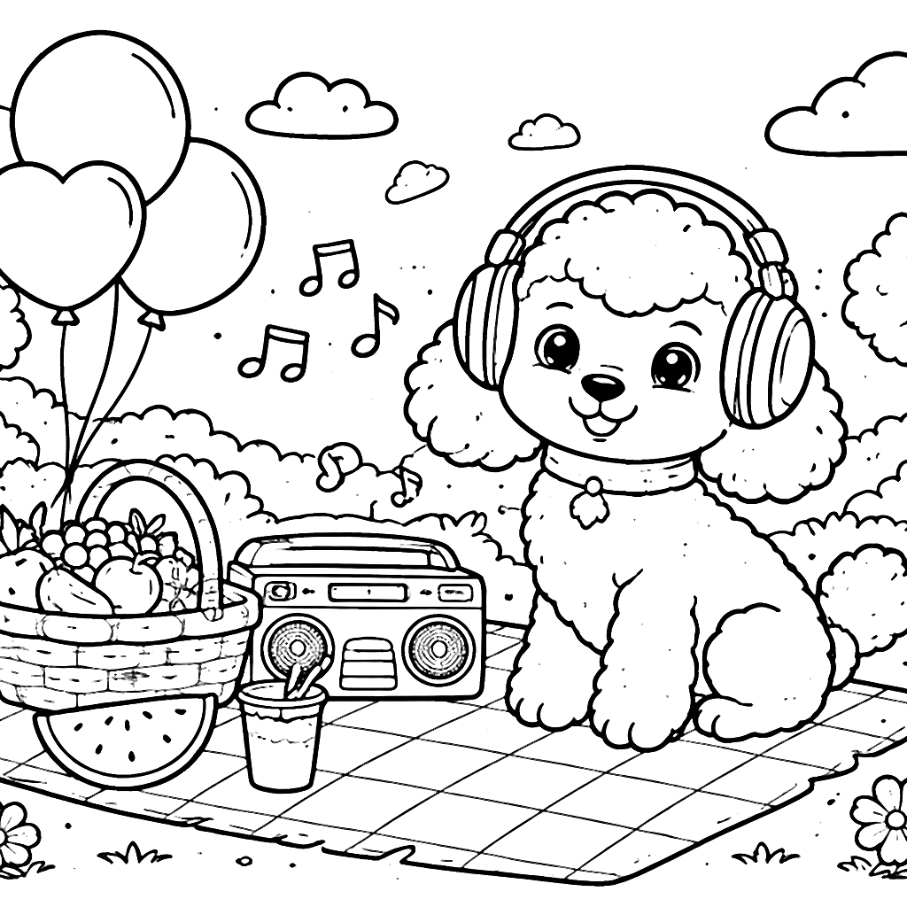 Fun Poodle Coloring Page with Picnic Scene
