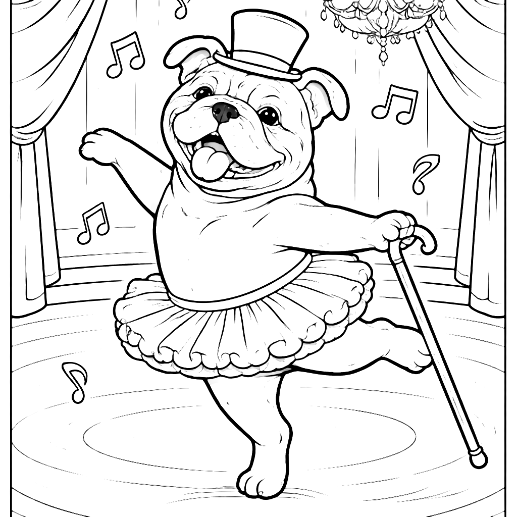 Joyful English Bulldog Dancing in a Vibrant Ballroom