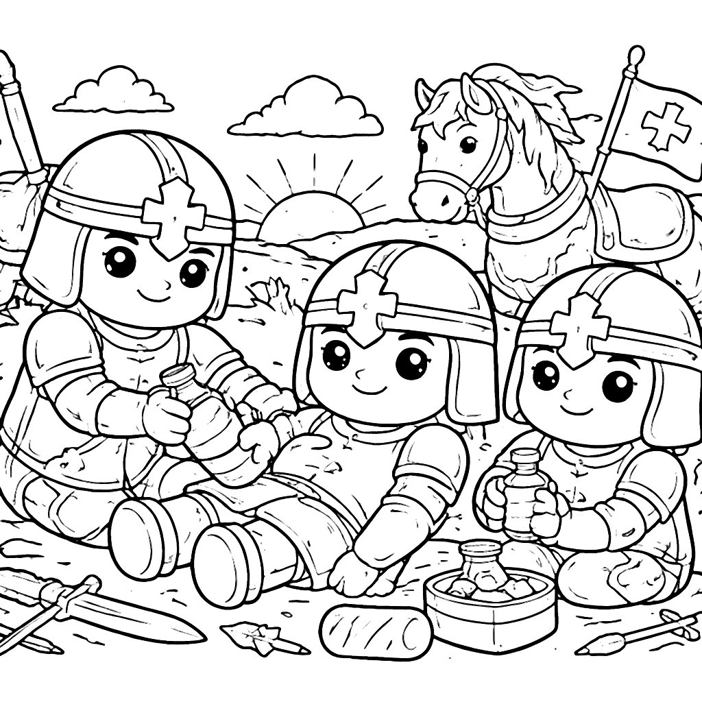 Knights Tending to a Wounded Comrade Coloring Page – coloring page printable