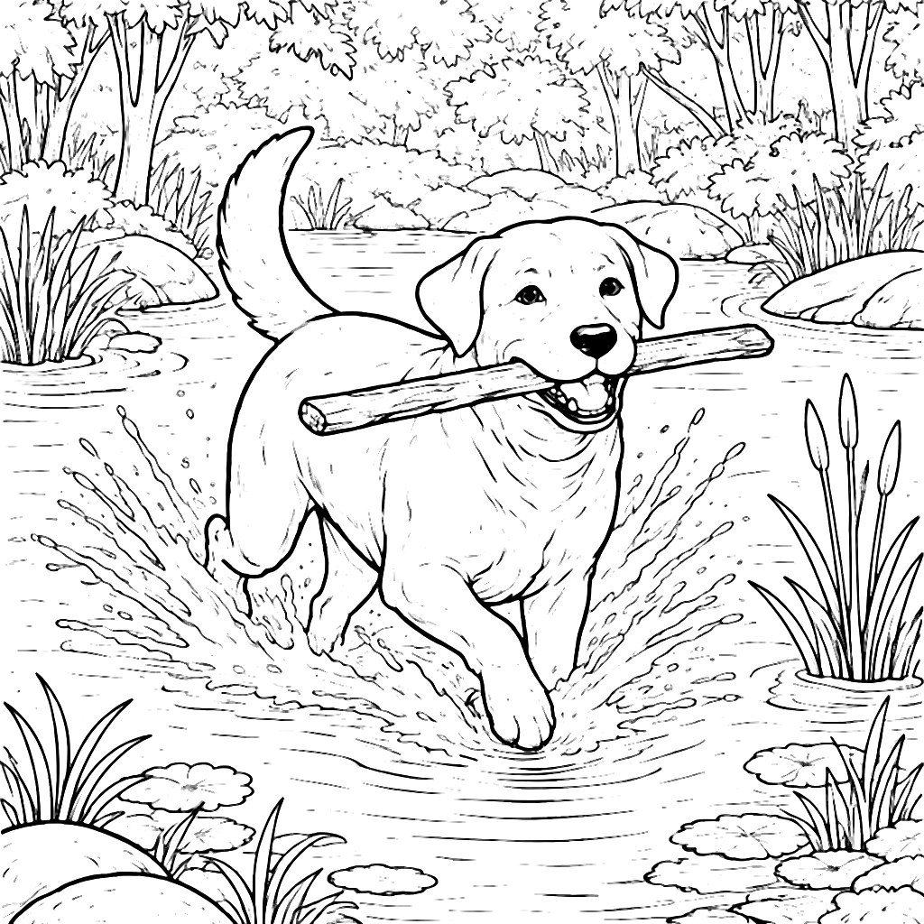 Labrador Retriever Splashing in a Pond Coloring Page – coloring page printable