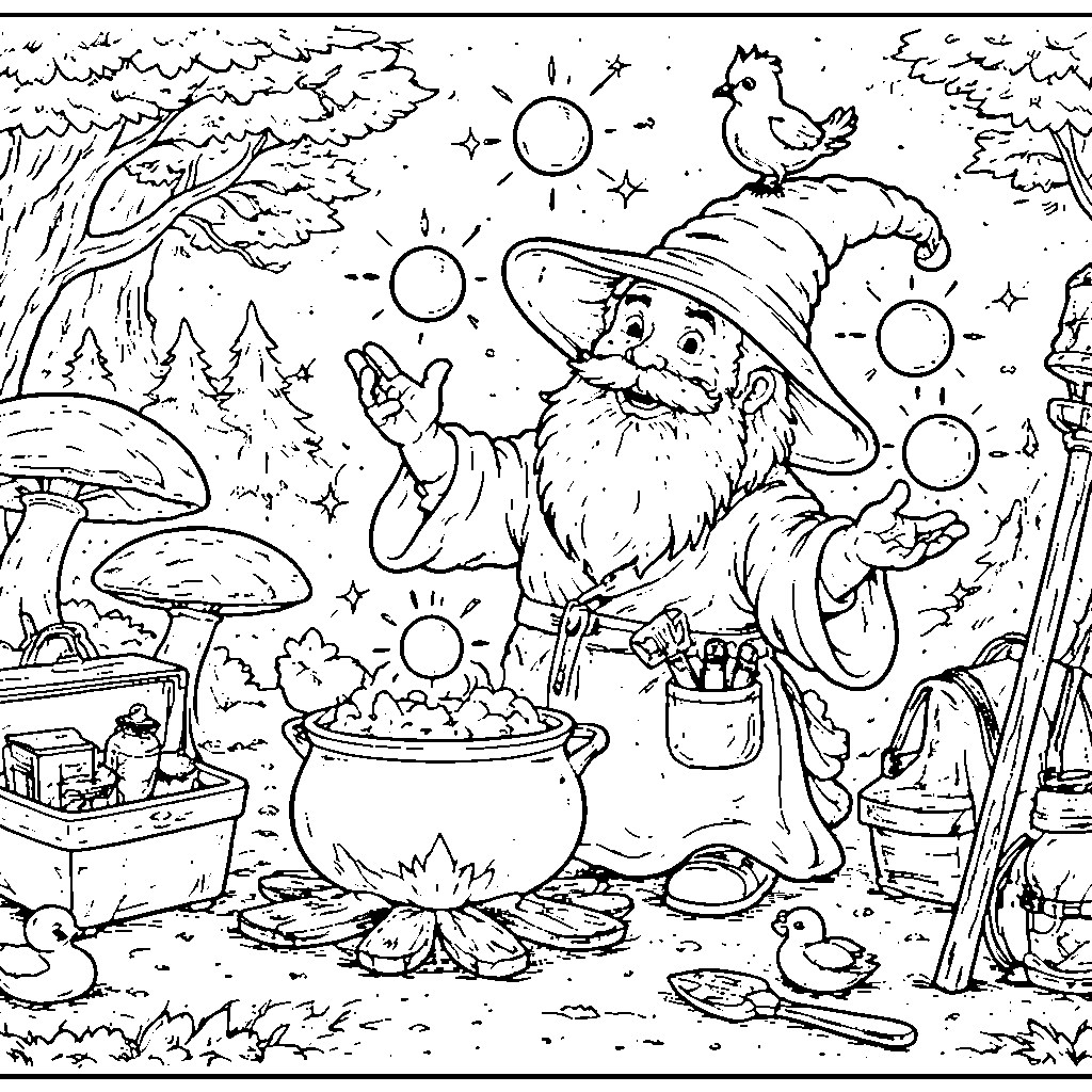 Magical Wizard and His Tiny Bird Companion Coloring Page