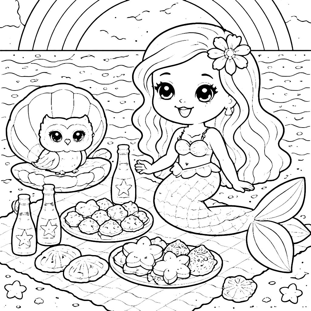 Mermaid Picnic Adventure Coloring Page – coloring page printable