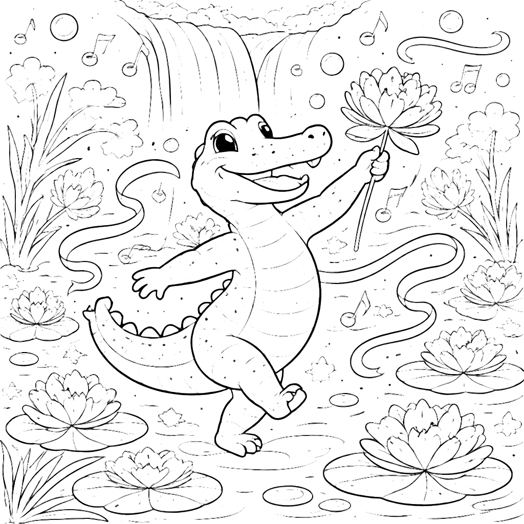 Playful Alligators Dancing in an Underwater Garden – coloring page printable