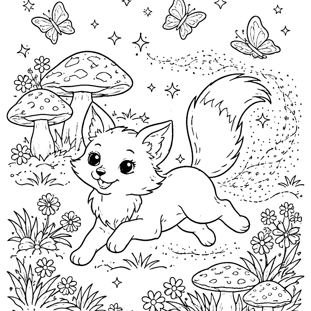 Playful Fox Coloring Page in an Enchanted Meadow – coloring page printable