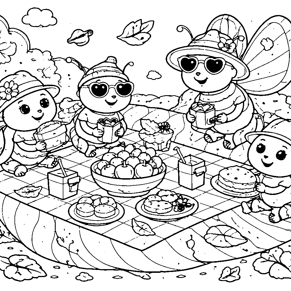Playful Insects Picnic – coloring page printable