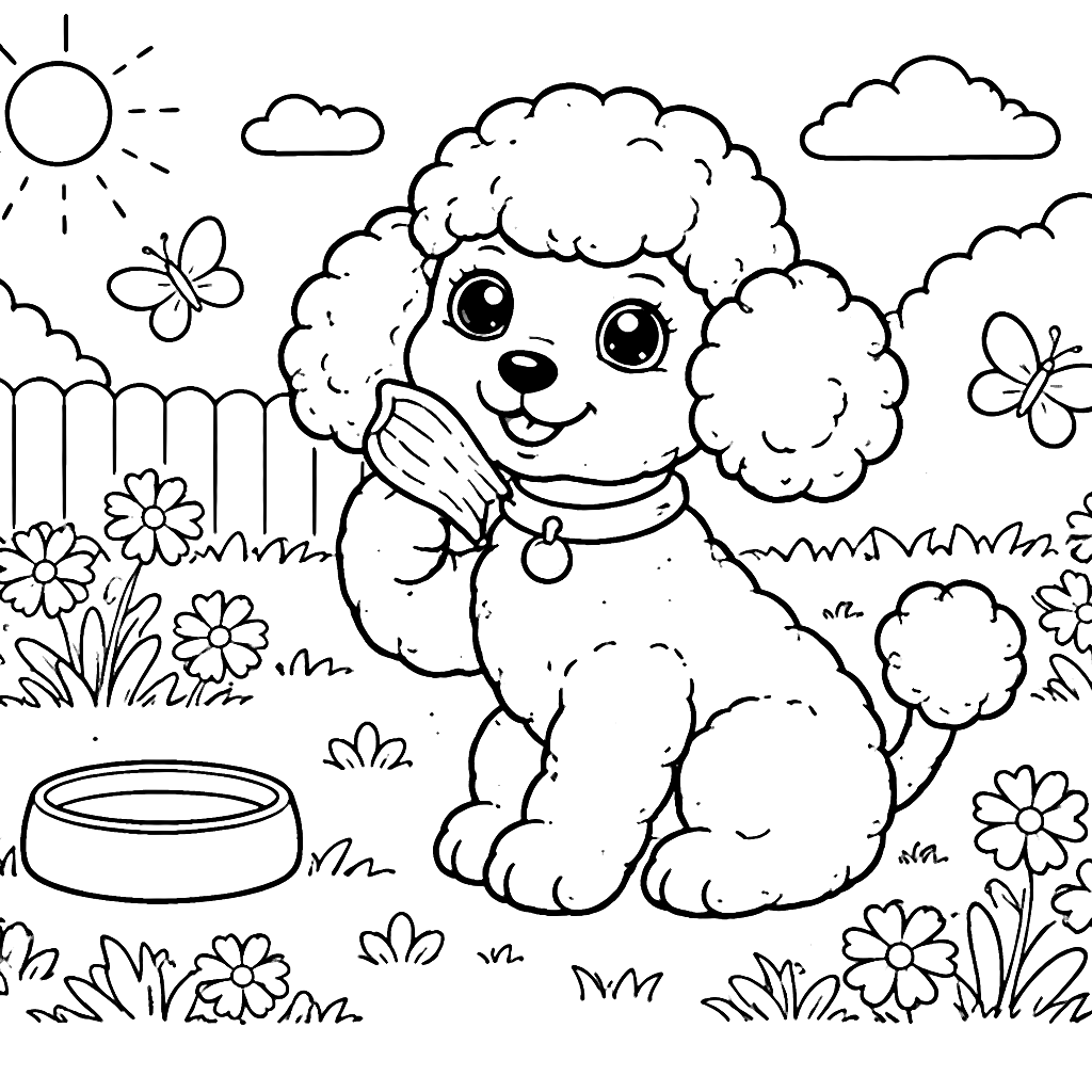Playful Poodle in a Sunlit Backyard Coloring Page – coloring page printable
