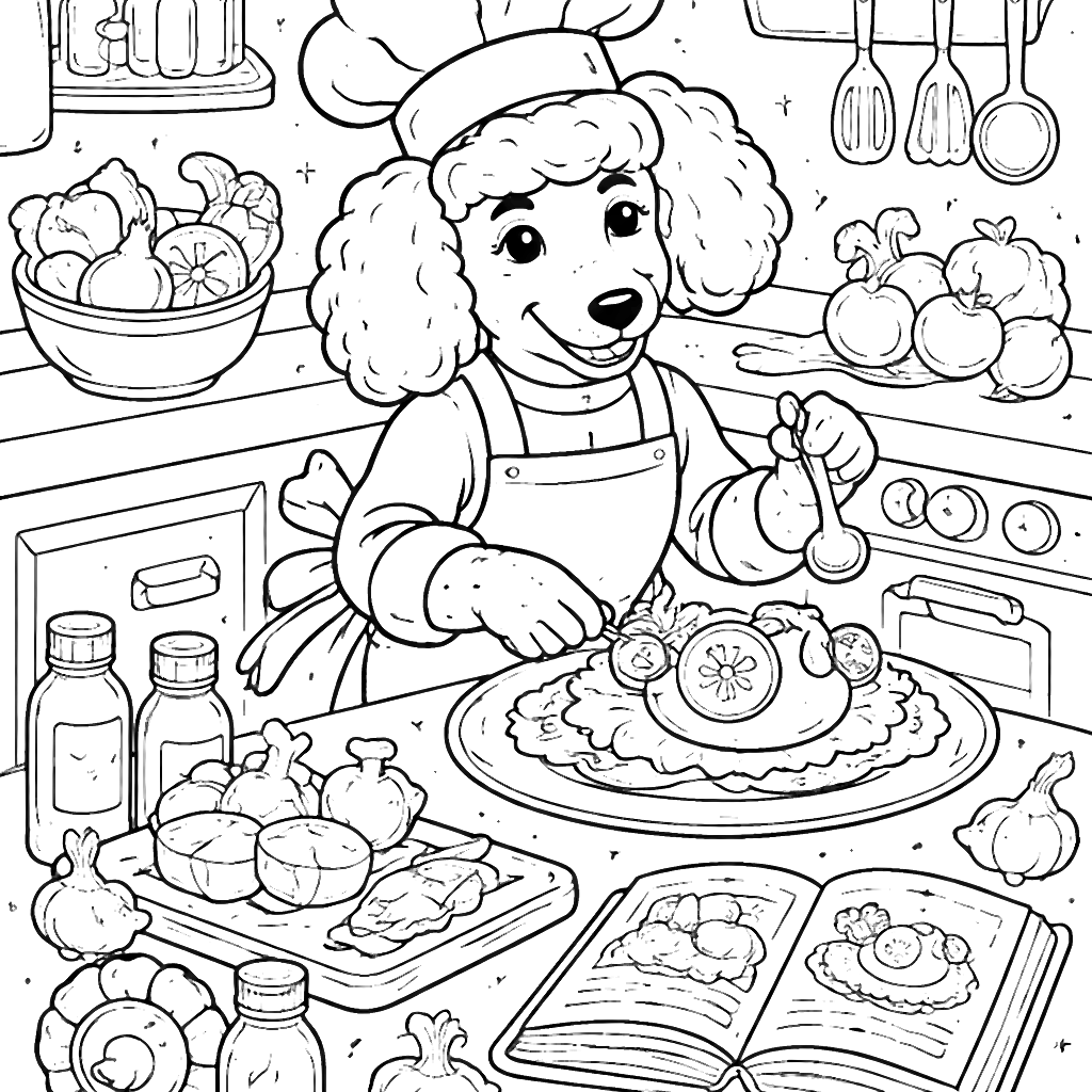 Poodle Chef Coloring Page: Whimsical Kitchen Fun