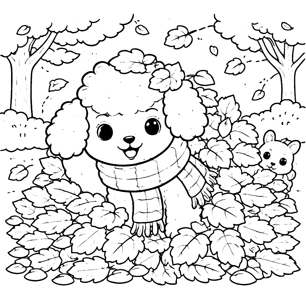 Poodle Playing Hide and Seek in Autumn Leaves Coloring Page – coloring page printable