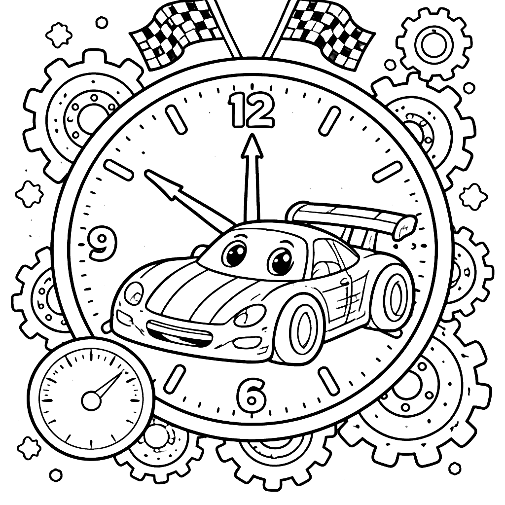 صفحة تلوين سيارة سباق داخل ساعة مدهشة – coloring page printable