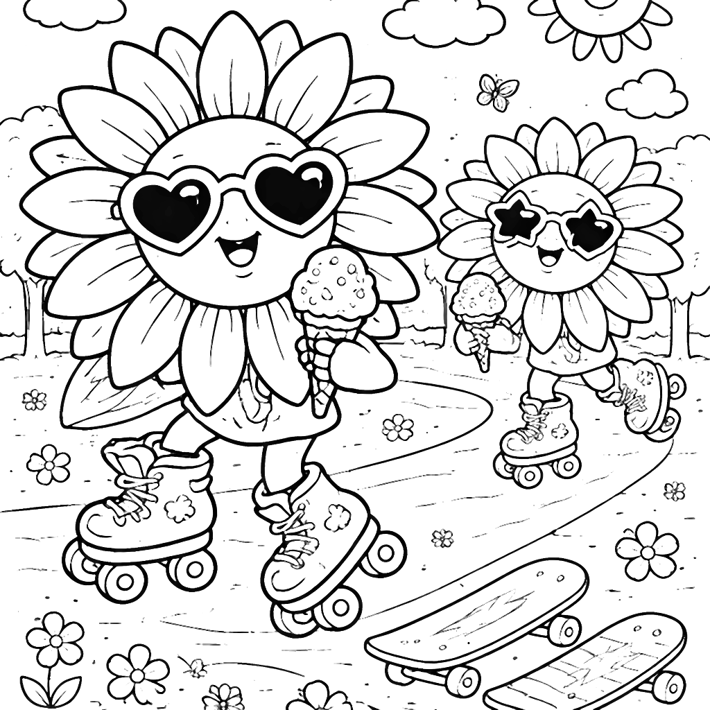 Roller-Skating Sunflowers Coloring Page to Print – coloring page printable