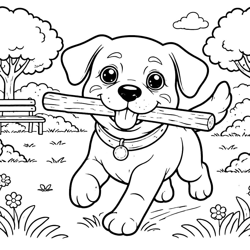 Rottweiler Playing Fetch in the Park - Coloring Page – coloring page printable