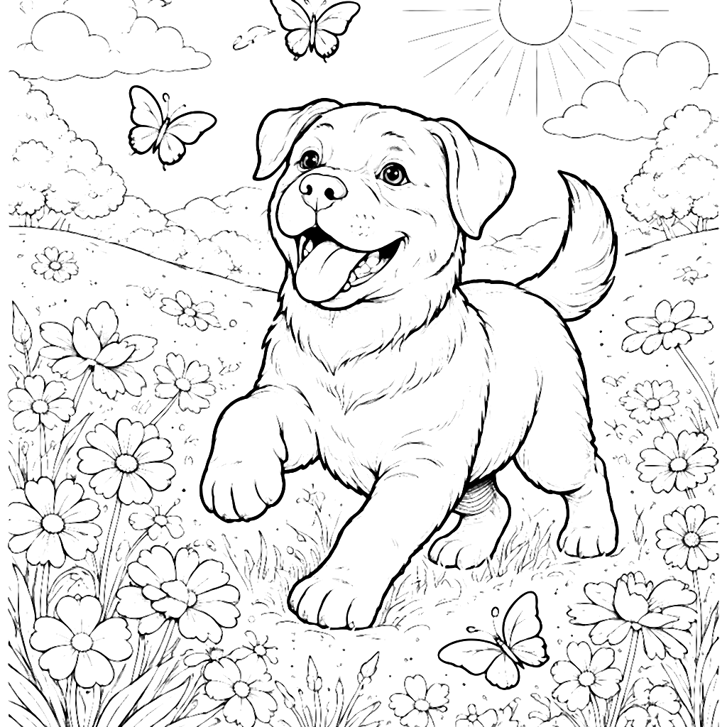 Rottweiler Playing with Butterfly in a Sunny Meadow – coloring page printable