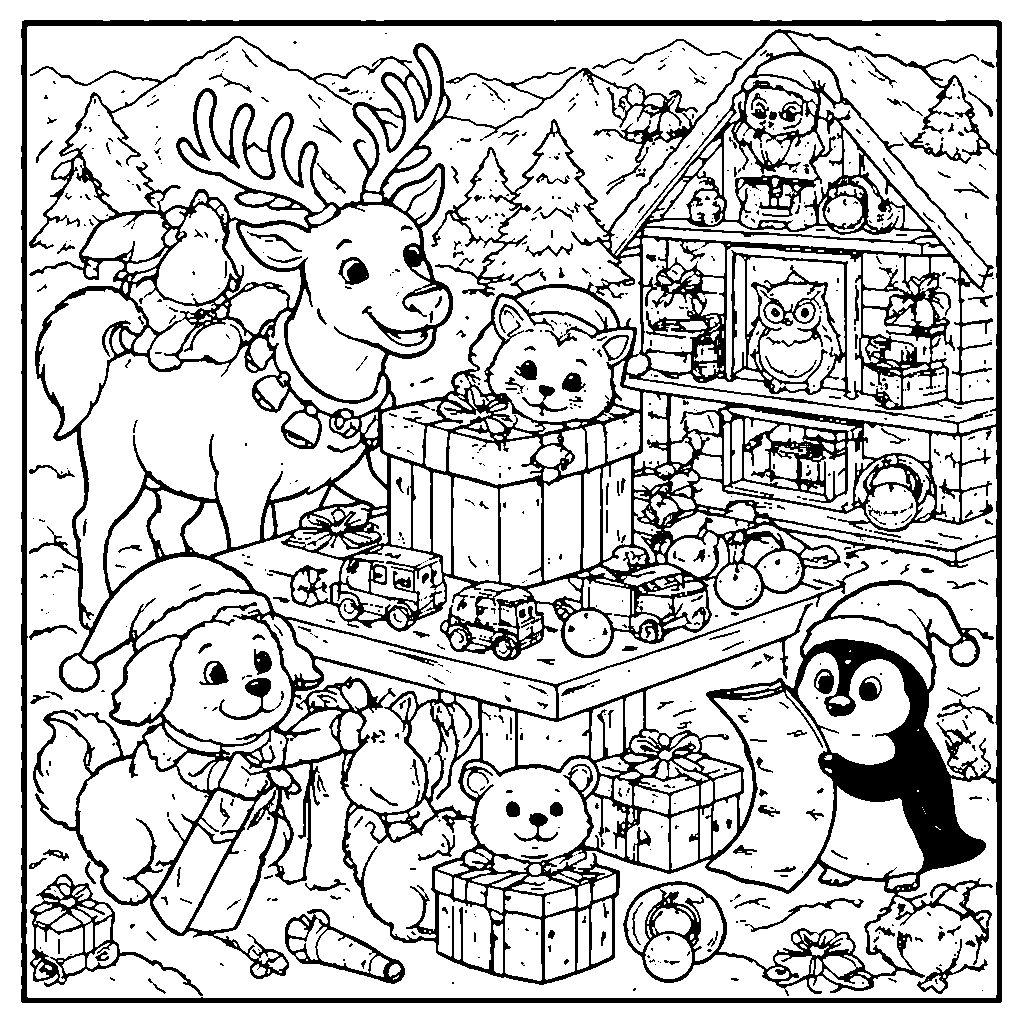 Santa's Magical Workshop Pets Coloring Page – coloring page printable