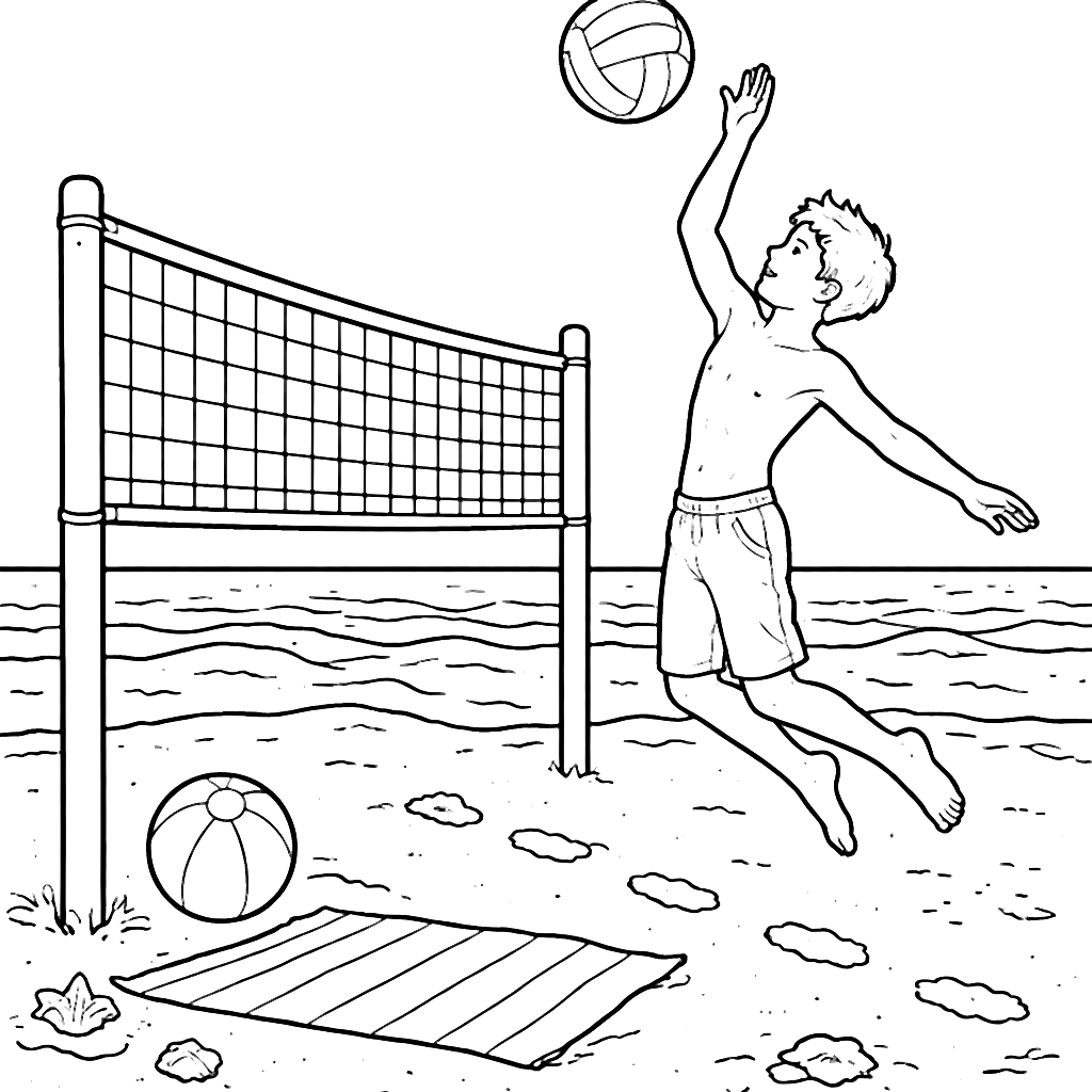 Volleyball Coloring Page: Jumping to Spike on the Beach – coloring page printable