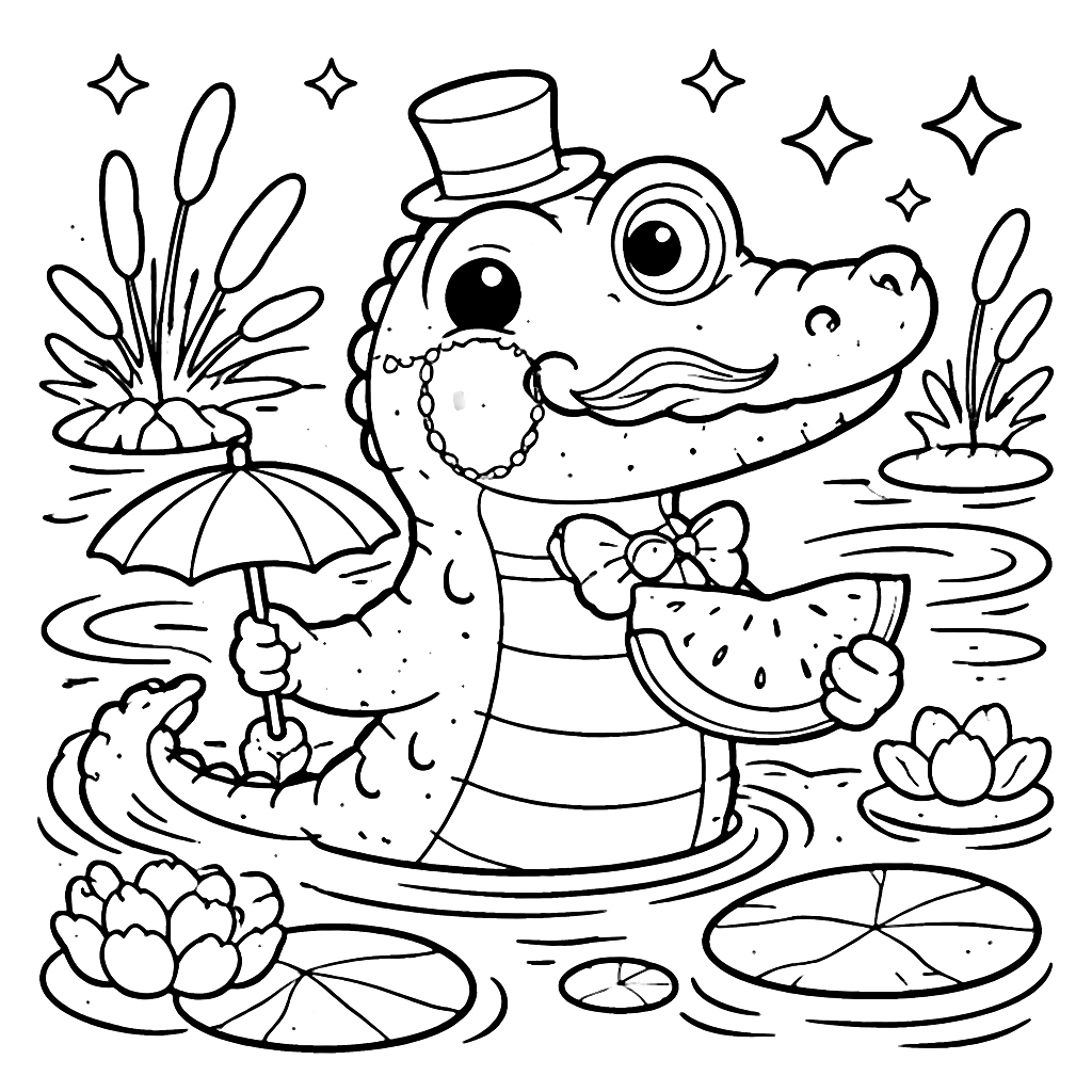 Whimsical Alligator Coloring Page for Kids