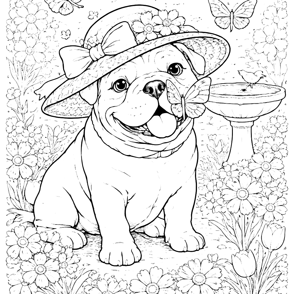 Whimsical English Bulldog Coloring Page with Butterfly