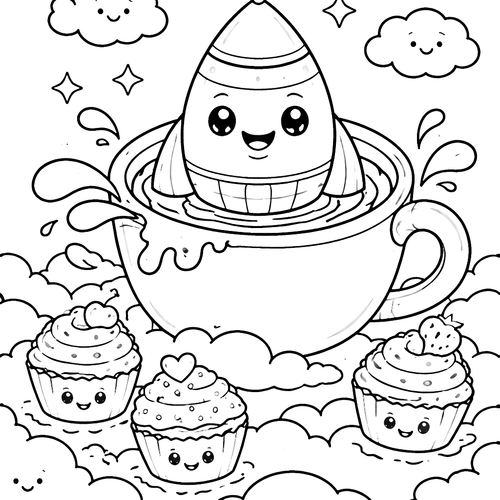 Whimsical Rocket in a Giant Teacup Coloring Page – coloring page printable
