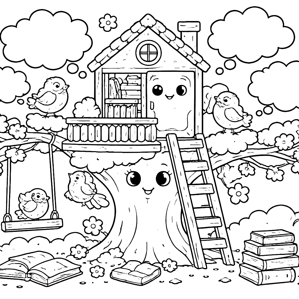 Whimsical Treehouse Coloring Page for Kids – coloring page printable