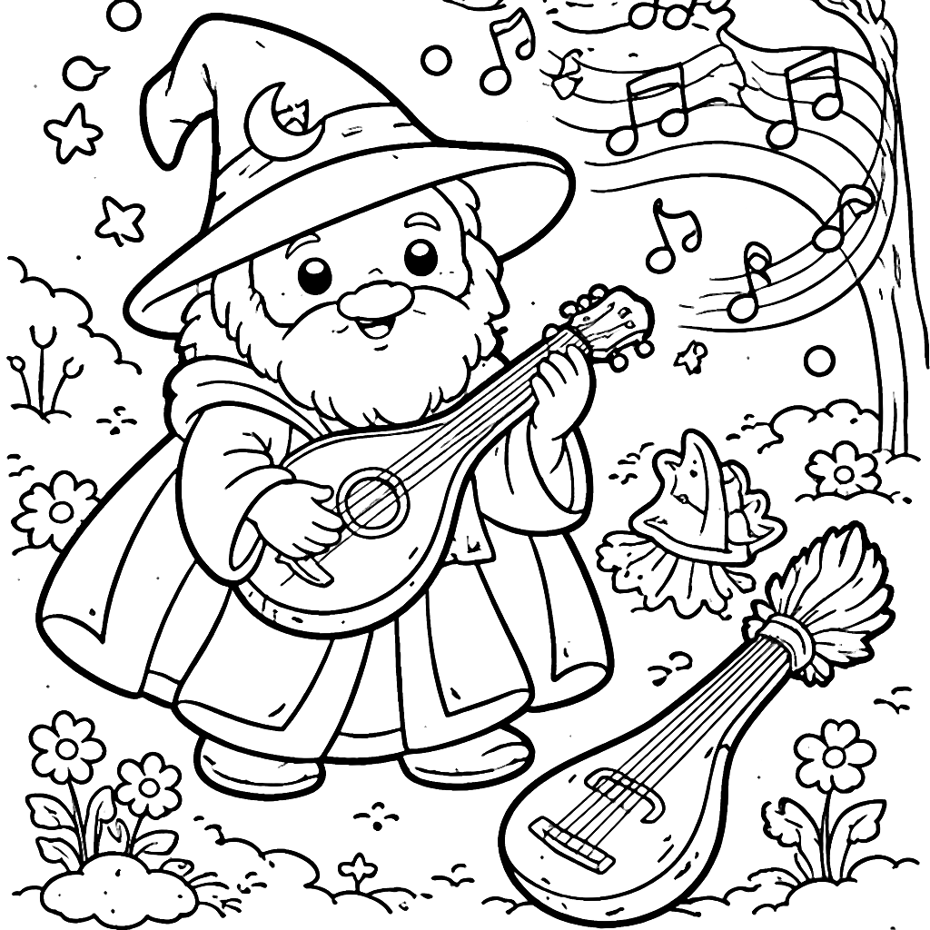 Wizard Playing a Lute in a Magical Forest Coloring Page – coloring page printable
