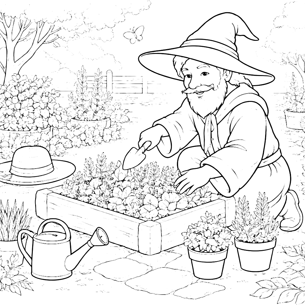 Wizards Tending a Lush Herb Garden Coloring Page – coloring page printable