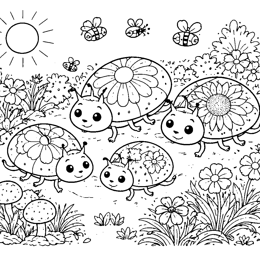Página para colorear: Una familia de mariquitas amigables