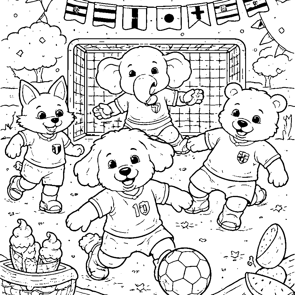 Página para Colorear: Equipo de Animales Amistosos Jugando Fútbol