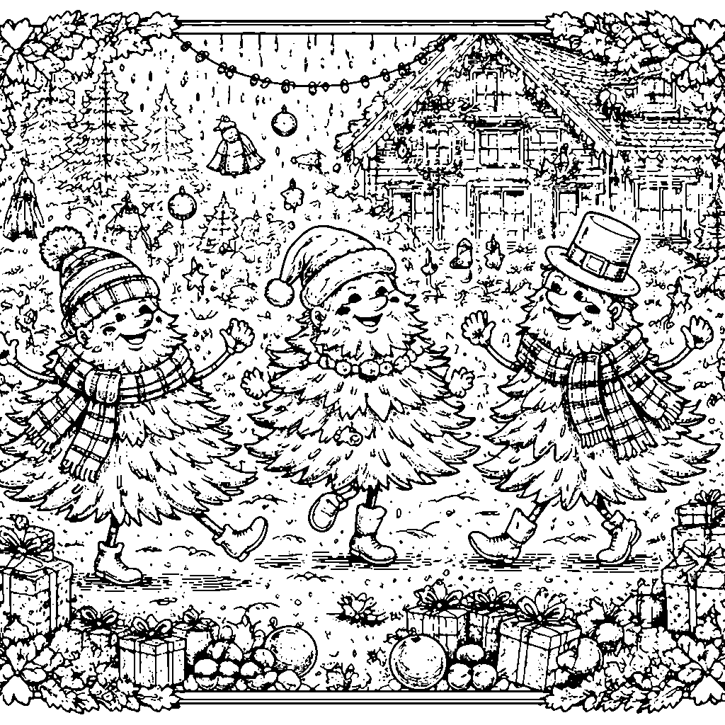 Árboles de Navidad Bailarines – dibujo para colorear e imprimir