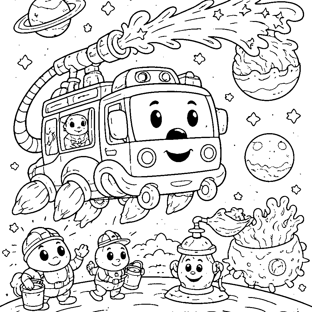 Aventura Espacial del Camión de Bomberos – dibujo para colorear e imprimir