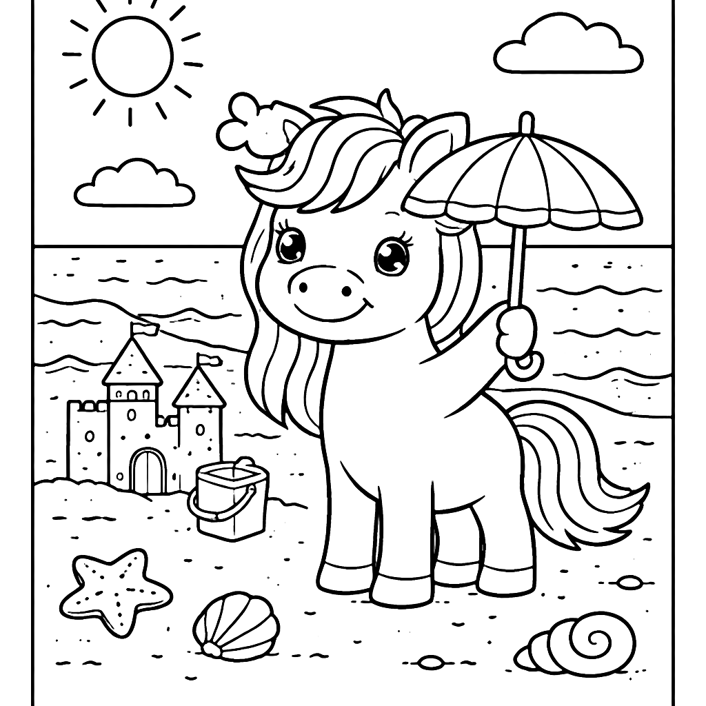 Caballo divertido en la playa con un paraguas – dibujo para colorear e imprimir