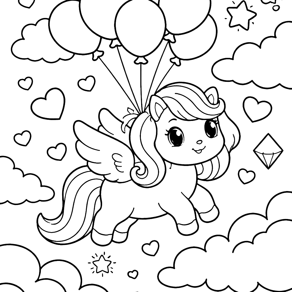 Caballos flotantes en un cielo de ensueño – dibujo para colorear e imprimir