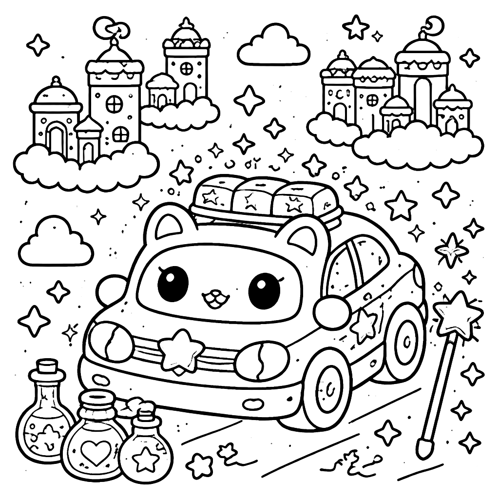 Coche de policía mágico con gato para colorear – dibujo para colorear e imprimir