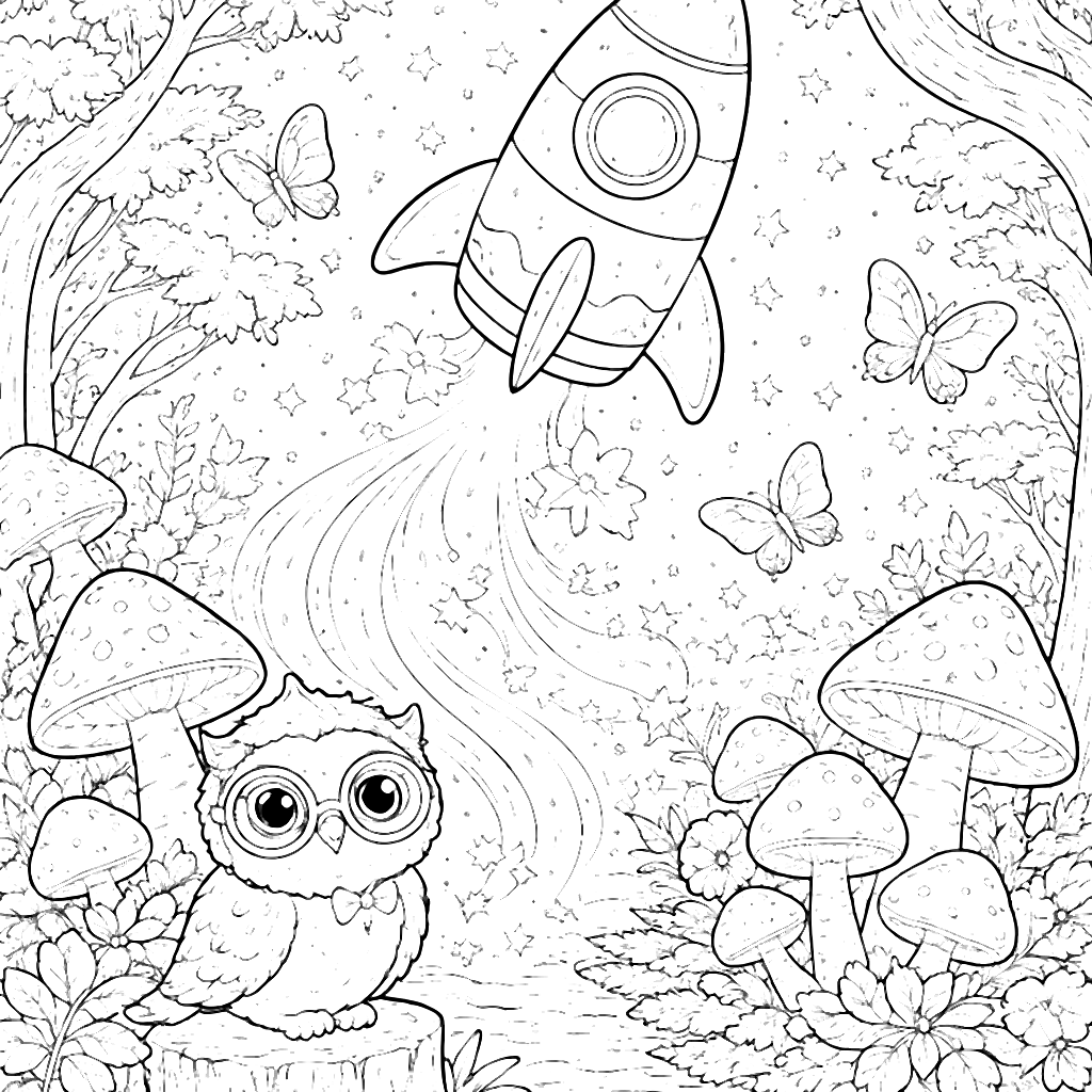 Cohete Mágico en un Bosque Encantado para Colorear – dibujo para colorear e imprimir
