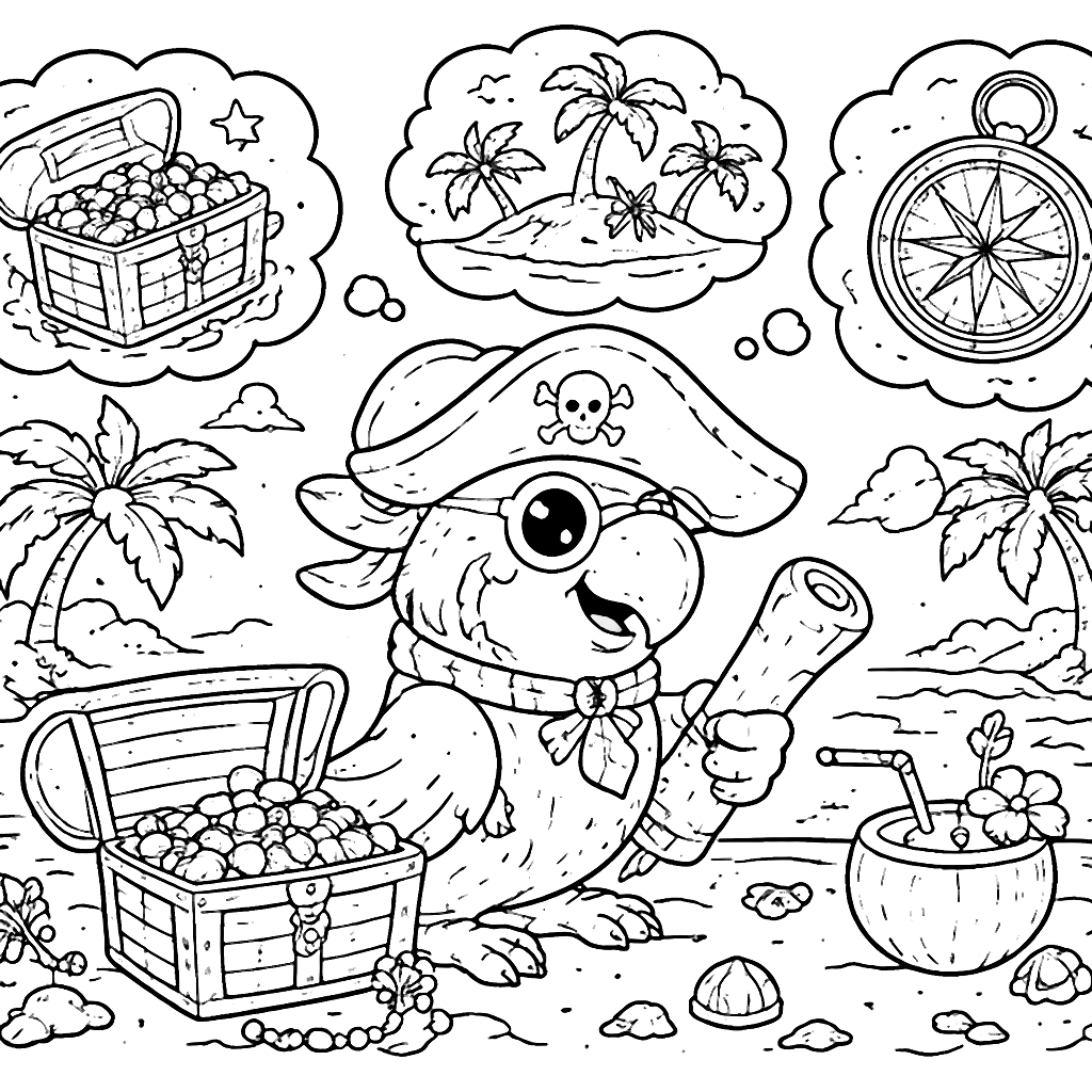 Colora el loro pirata en una isla tropical – dibujo para colorear e imprimir