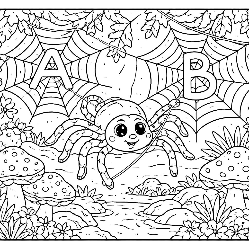 Colora la Araña Amistosa en el Bosque Encantado – dibujo para colorear e imprimir