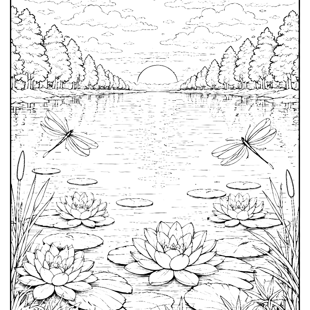 Colorea la serenidad de un lago al atardecer – dibujo para colorear e imprimir