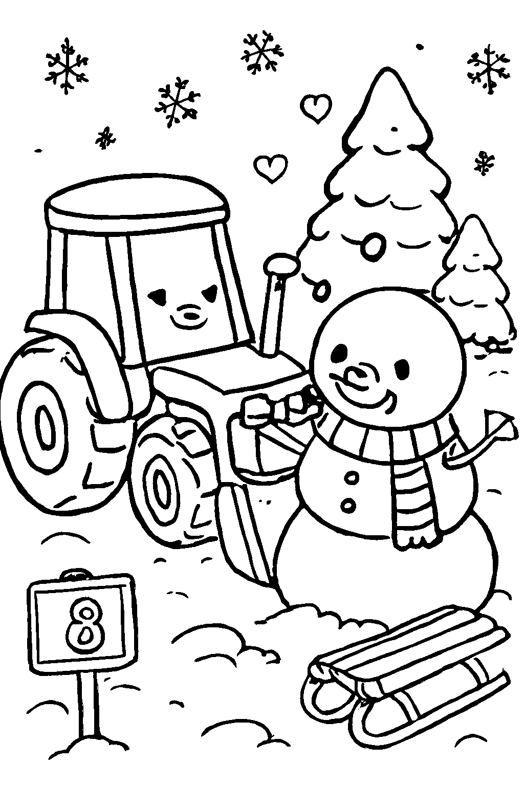 Colorea un tractor en un invierno mágico – dibujo para colorear e imprimir