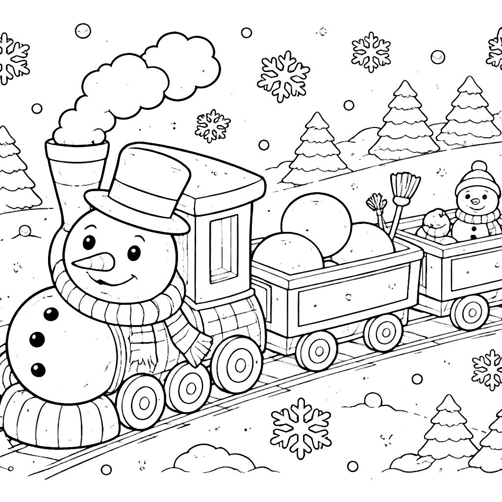 Colorea un tren en un paisaje invernal divertido – dibujo para colorear e imprimir