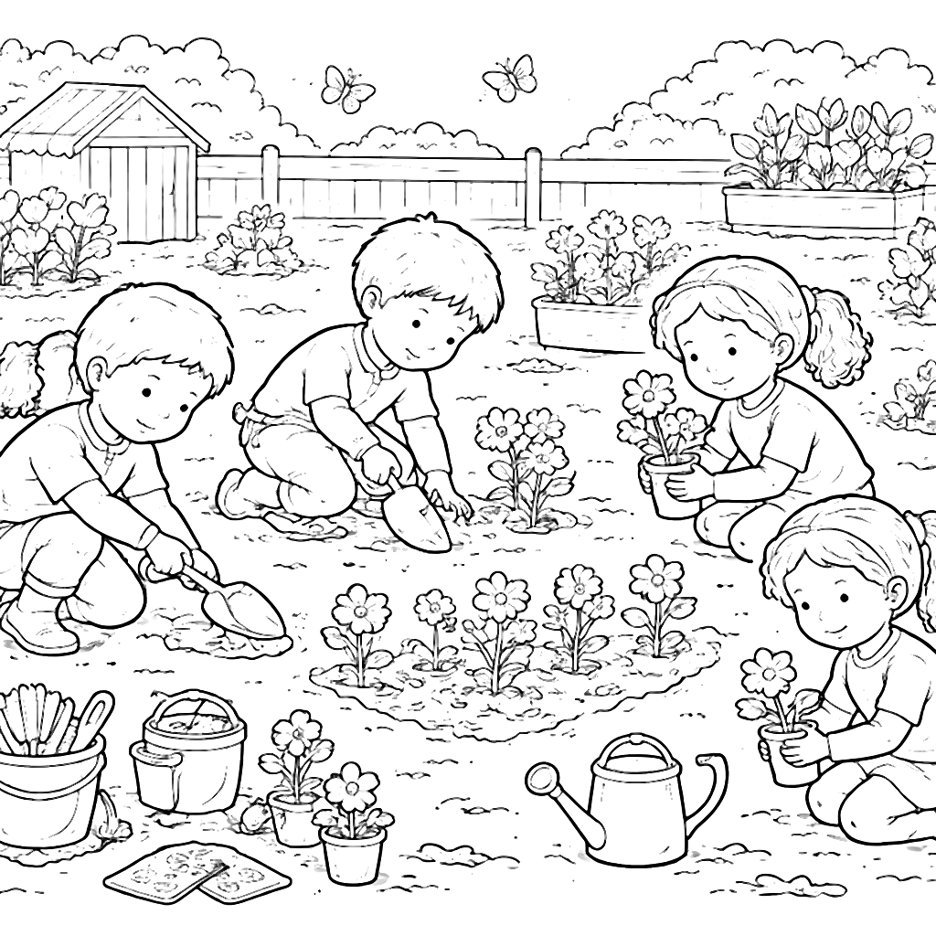 Colorear jardín comunitario en el jardín de infancia – dibujo para colorear e imprimir