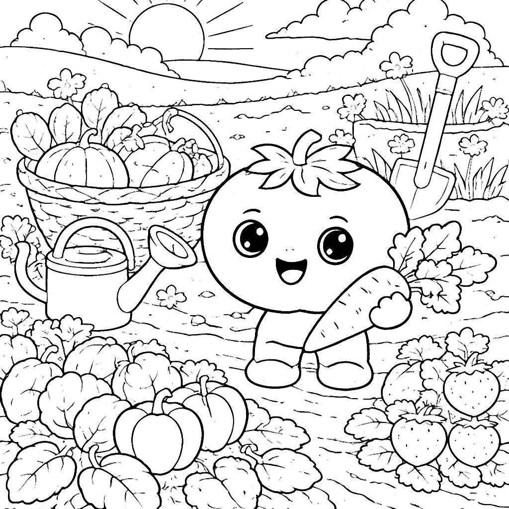 Colorear verduras en un jardín de la mañana – dibujo para colorear e imprimir