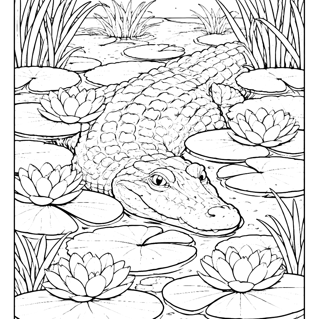 Coloring Page de Cocodrilos entre Nenúfares