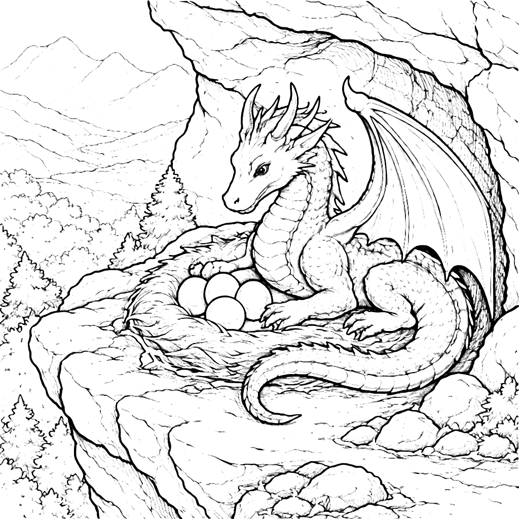 Coloring Page de Dragón en un Acantilado Rocoso – dibujo para colorear e imprimir